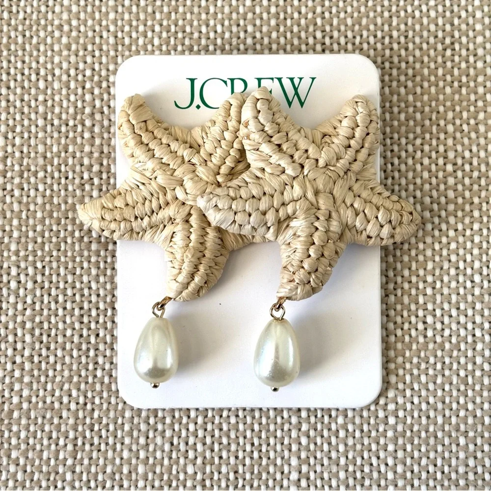 J Crew Starfish Earrings NWT Raffia Pearl Drops Statement Hypoallergenic Posts - Picture 4 of 5